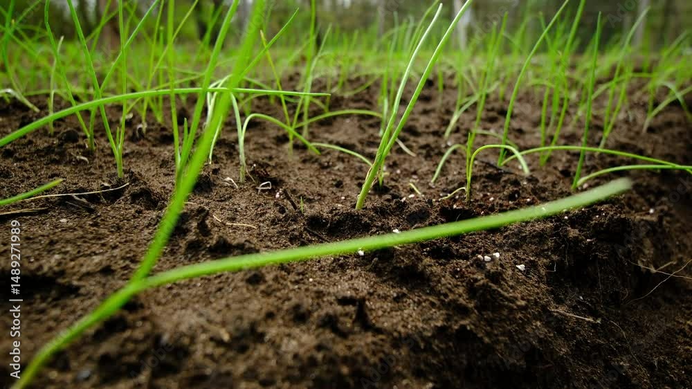 Revealing shot of garden bed full of freshly planted onion seedlings growing in sand rich soil - camera in garden bed trench, close up of soil and mowing up in slow motion