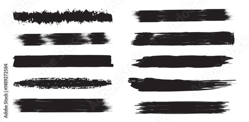 Grunge Brush Strokes Set. Black hand drawn stripes, smears, rough grunge thick paint line texture.  Set of hand painted chalk brushes. Vector illustration. Collection of vector paint brush strokes.