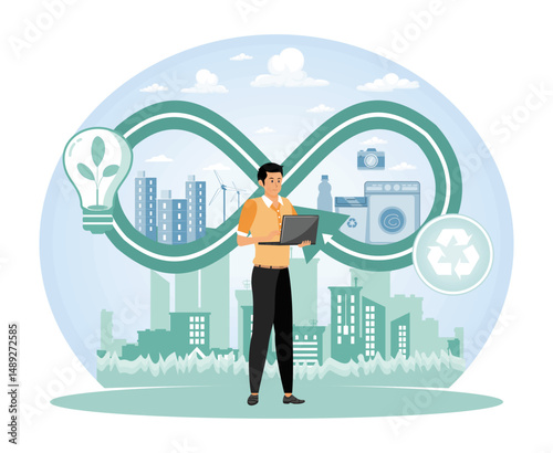 Circular economy manufacturing cycle, sustainable strategy. Reuse of energy resources and waste reduction.