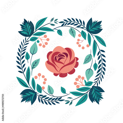 Floral Harmony: A beautifully crafted floral wreath with a vibrant rose at its heart, showcasing a delicate balance of color and form.