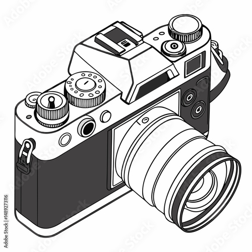 Professional isometric vintage camera illustration with transparent background