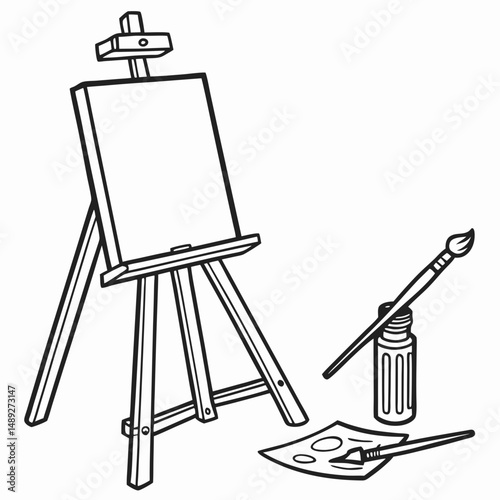 Professional artist easel with paintbrush and palette on white background