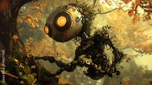 Whimsical clockwork tree guardian: a fusion of nature and mechanical art. [Mechanical Folklore] | Brass Phantom | vanished bot. Illustration