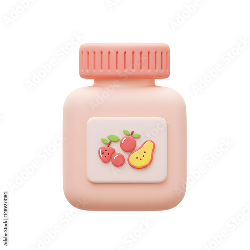 Cute pastel pink medicine capsule bottle with fruit illustration for children health or vitamin packaging
