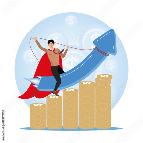 Wealth accumulation concept. Success businessman superhero flying up money coins stack.