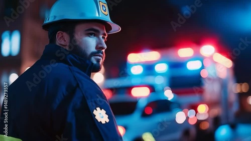 A first responder in safety gear stands at night near an ambulance with flashing emergency lights.