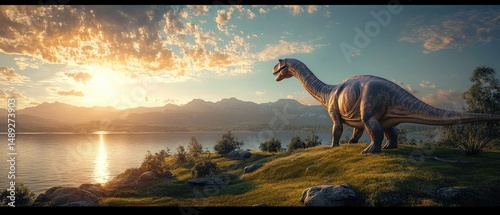 Fototapeta Naklejka Na Ścianę i Meble -  Large dinosaur standing on a grassy hill overlooking a calm lake at sunset with mountains and scattered clouds in the background