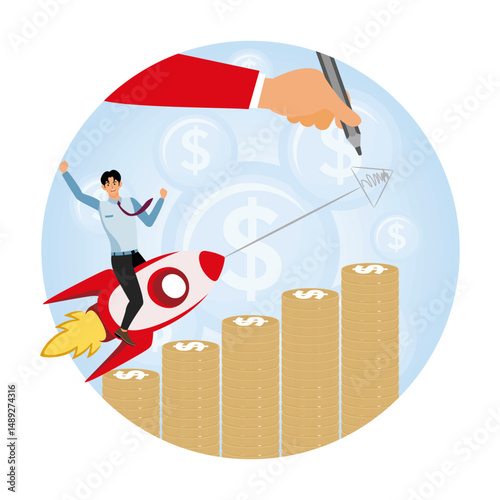 Business concept profitable investment Featuring Rocket and Money Stacks.