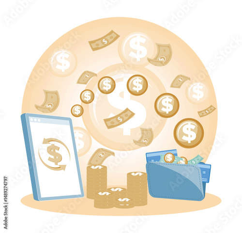 Transfer money from wallet to mobile With Currency Signs and Mobile Interface.