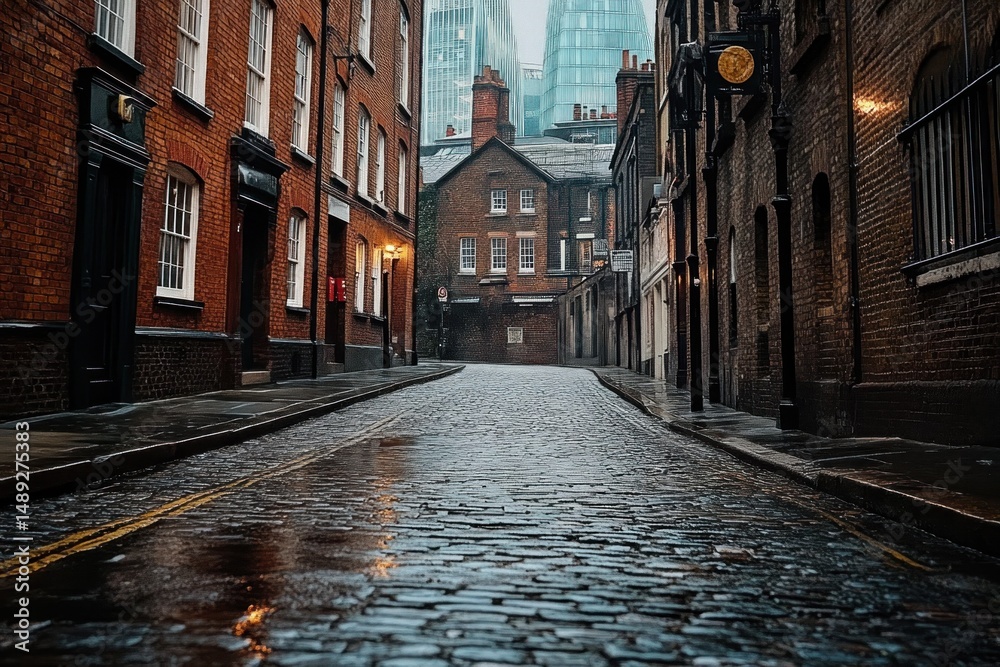 Fototapeta premium Empty wet cobblestone street lined with old brick buildings and vintage street lamps under a misty sky with modern skyscrapers in the background