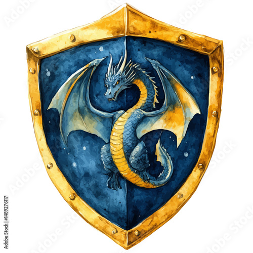 watercolor vector of Shield With Dragon Emblem, high quality, isolated on a white background.