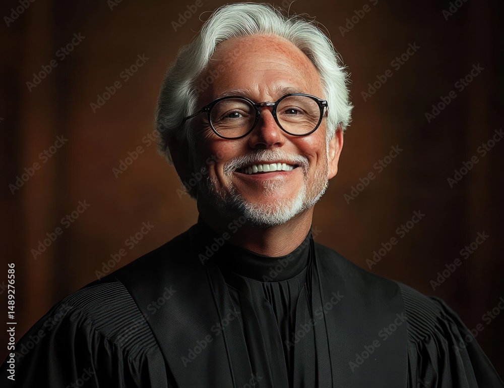 smiling older man with white hair and beard wearing round glasses and a black judicial robe against a dark background smiling older man with white hair and beard wearing round glasses and a black judicial robe against a dark background