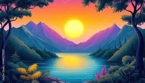 landscape cartoon illustration nature, mountain, lake, river