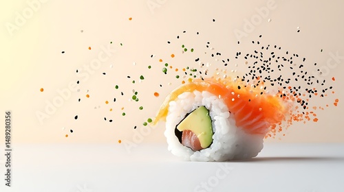 Playful illustrated sushi roll with salmon and avocado kitchen food photography bright studio close-up culinary art