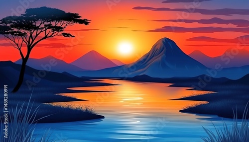 landscape cartoon illustration nature, mountain, lake, river