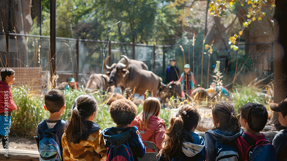 Naklejka premium Children watching african buffaloes at the zoo during a school field trip on a sunny day outdoors .