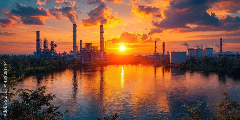 Vibrant sunset over an industrial complex situated along a tranquil river. Reflective waters mirror the fiery sky and factory structures Vibrant sunset over an industrial complex situated along a tranquil river. Reflective waters mirror the fiery sky and factory structures
