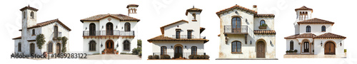 Collection of Charming Mediterranean Style Houses with Tile Roofs, Isolated on Transparent, white background