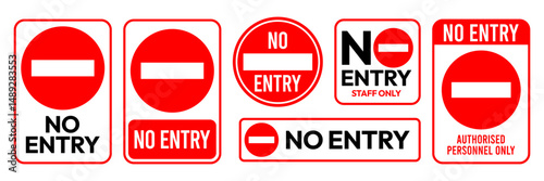Do enter authorised personnel sign. No access for pedestrians prohibition sign. Do not enter symbol badge. No public access area prohibited safety signs. Stop hand icon. Vector Illustration.