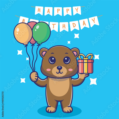 Illustration vector grapich of cute bear holding balloons and gift perfect for birthday card and invitation 