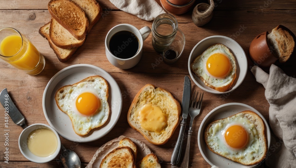 Top View of Breakfast Table with Toast and Eggs – Rustic Style Top View of Breakfast Table with Toast and Eggs – Rustic Style