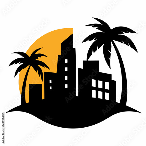 Palm landscape with tall houses of a big city vector silhouette logo 
