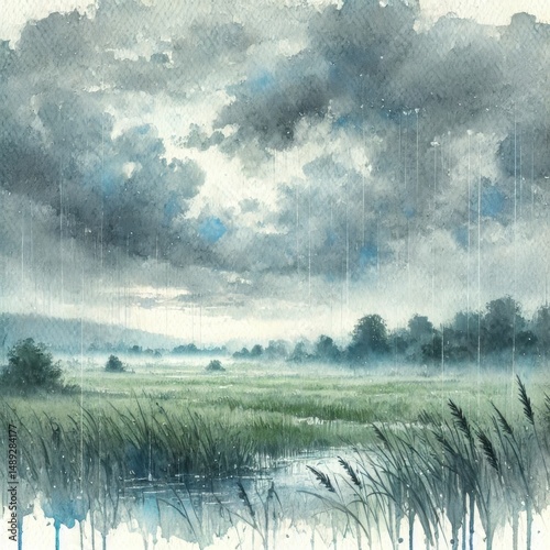 Rain falling over marshland with tall grass and dark clouds. Watercolor landscape illustration.