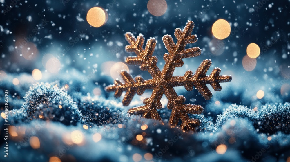 Fototapeta premium Glittering golden snowflake in snowy scene
