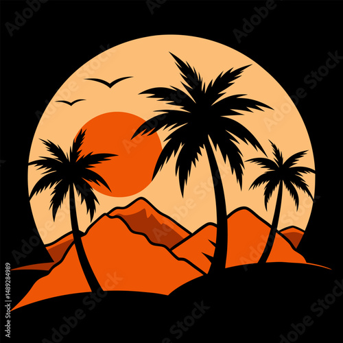 Silhouettes of palm trees and orange sun vector. Set of palm trees and sunrise vector silhouette. Tropical landscape mountains, black vector illustration.