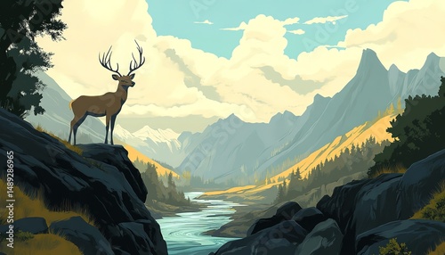 landscape cartoon illustration nature, mountain, lake, river
