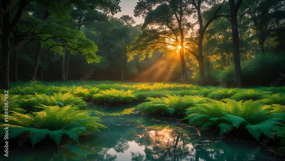 Fototapeta premium Sunset Light Through Forest Trees and Ferns Reflecting in Water