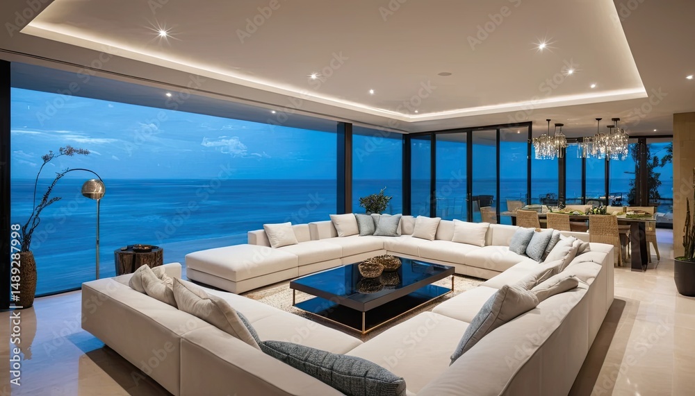 Fototapeta premium Luxury Oceanfront Living Room: Twilight Serenity