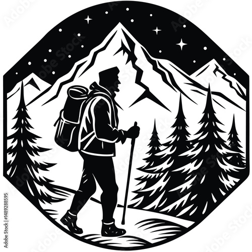 Silhouette of a Winter Hiker in Snowy Landscape