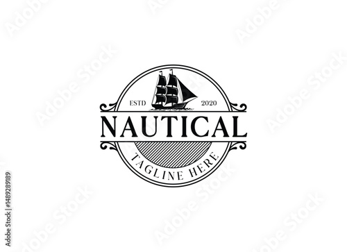 Ancient Nordic Longship Battle Boat on Ocean Wave Silhouette Illustration Logo design. Vintage traditional ship logo design template