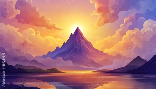 landscape cartoon illustration nature, mountain, lake, river