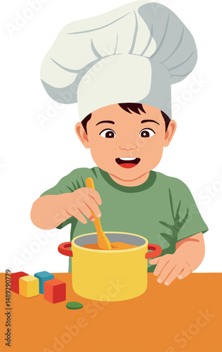 Young boy cooking in chef hat stirring pot on table with colorful blocks vector illustration 