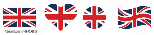 flag of Great Britain united kingdom. Britain flag set in square, circle, waving flag and heart shape icons. Vector illustration.	
