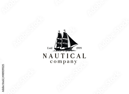 Ancient Nordic Longship Battle Boat on Ocean Wave Silhouette Illustration Logo design. Vintage traditional ship logo design template