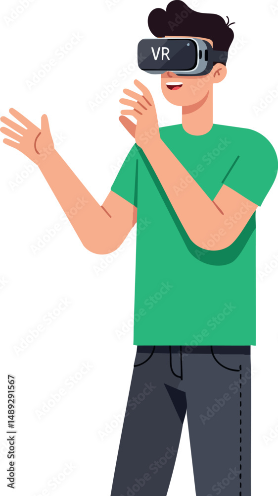 Young man wearing virtual reality headset playing immersive VR game in green shirt vector illustration Young man wearing virtual reality headset playing immersive VR game in green shirt vector illustration