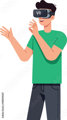 Young man wearing virtual reality headset playing immersive VR game in green shirt vector illustration 