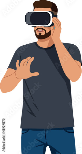 Man Using Virtual Reality Headset for Immersive Experience in Casual Clothing 