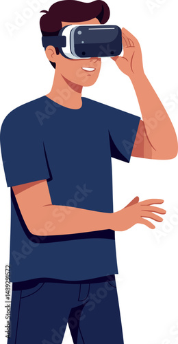 Young man exploring virtual reality technology with vr headset on indoors vector illustration 