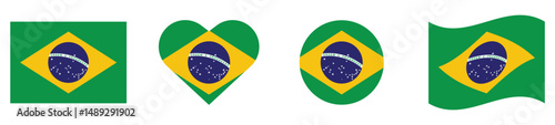 Brazil flag. Brazil flag set in square, circle, waving flag and heart shape icons. Vector illustration.	
