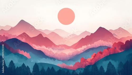 landscape cartoon illustration nature, mountain, lake, river