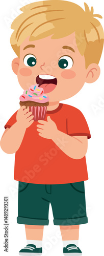 Boy enjoying cupcake with sprinkles in casual summer outfit vector illustration 