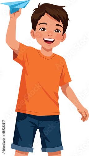 Boy throwing paper airplane in orange shirt and blue shorts summer fun play activity 