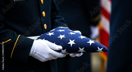 Remembrance Day Tribute Soldier Hands Folded Flag Memorial Ceremony Honor Guard Military Funeral Patriotism Symbolism