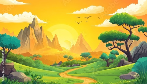 landscape cartoon illustration nature, mountain, lake, river