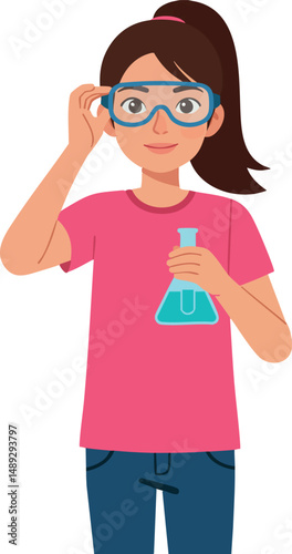 Girl in pink shirt holding flask wearing safety goggles science education vector illustration 