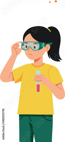 Young girl wearing protective goggles holding test tube science experiment vector illustration 